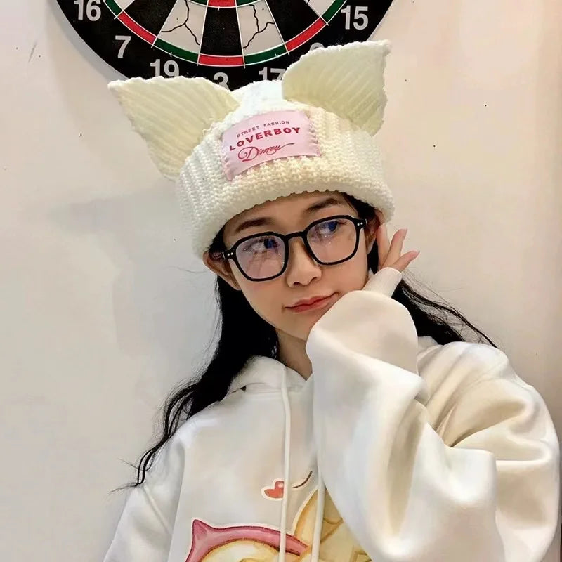 2023 New Long Ear Fox Hat Skullies Beanies Women Cute Rabbit Ears Crochet Knitted Hat Men Winter Hip-hop Warm Cap Christmas Gift Pi-Mart