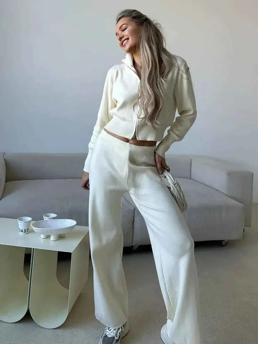 Knit Zip Cardigan & Wide Leg Pants Set THRIXINE