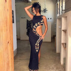 Tossy Python Printed Hollow Out Maxi Dress Female Slim Sexy Side Split Sleeveless Contrast Summer Party Dress Women's Long Dress