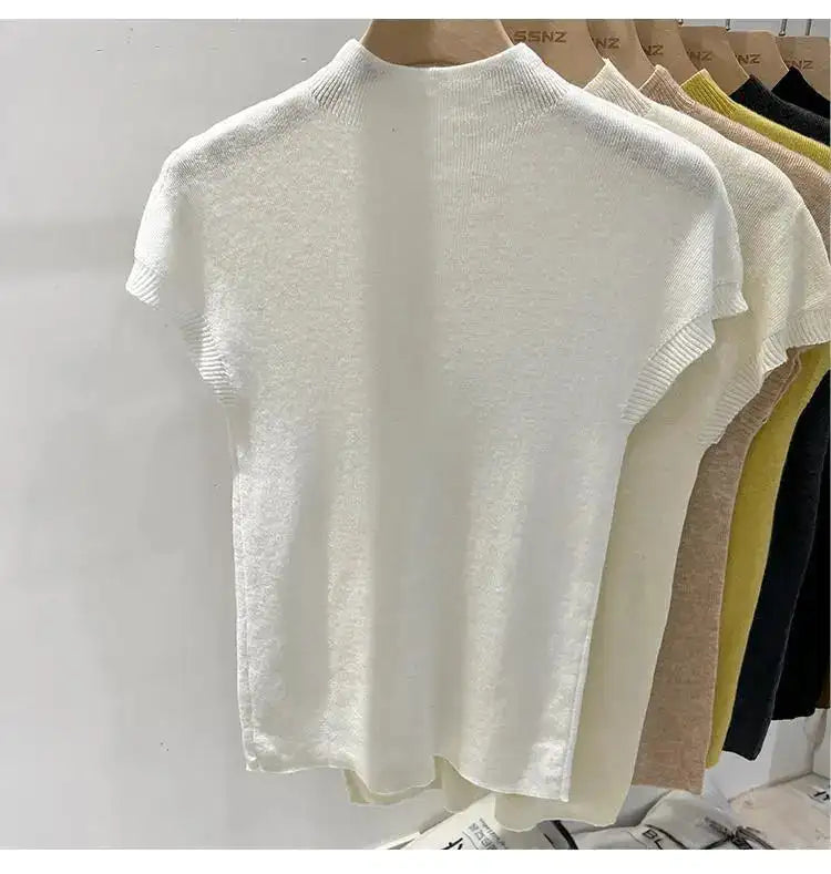 Half High Collar T-shirts Flying Sleeve Design Slim Knitted Sleeveless Top Women Simple Comfortable White T-shirts Summer 2025
