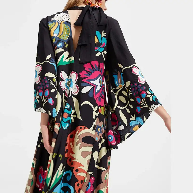 Ethnic Retro Spring Print Boho Long Dress Women Sexy Stand Collar Lace-up Party Dress Fall Long Sleeve Loose Ladies Maxi Dresses