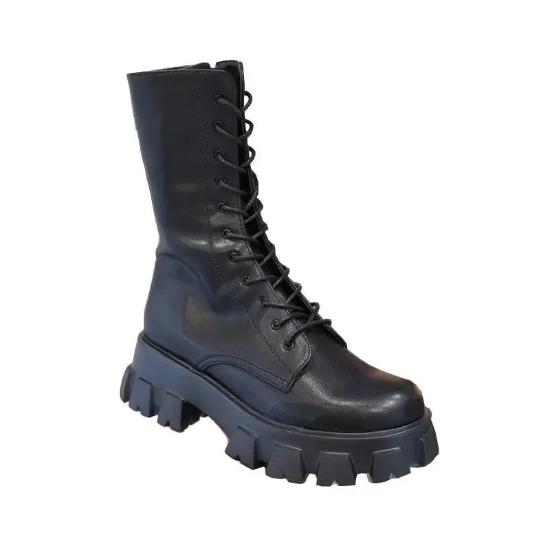 Women's Comfortable Solid Color Platform Boots, Fashion Lace Up Side Zipper Boots with Comfortable Design Lootquake LLC