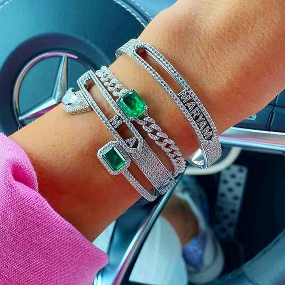 Personalized Name Paved 5A Cubic Zirconia Jewelry Customize Fashion Women DIY 26 Initial Alphabet Slider Letter Bangle Bracelets