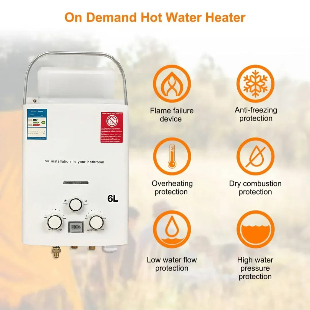 LPG Propane Gas Tankless Water Heater 6L Outdoor Camping Instant Heating Bath With Shower Head Hot Water Heater Car Truck Tent Lootquake LLC