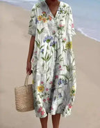 Casual Short Sleeved V-neck Big Swing Dress 2024 New Women's Loose Printed Long Dress Female Retro Flower Print Pullover Dresses