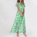 Vestidos Verano Moda 2024 Women's Swing Long Dress Chiffon Floral Short Sleeve Ruffle V Neck Fashion Waist Flowy Dress платье