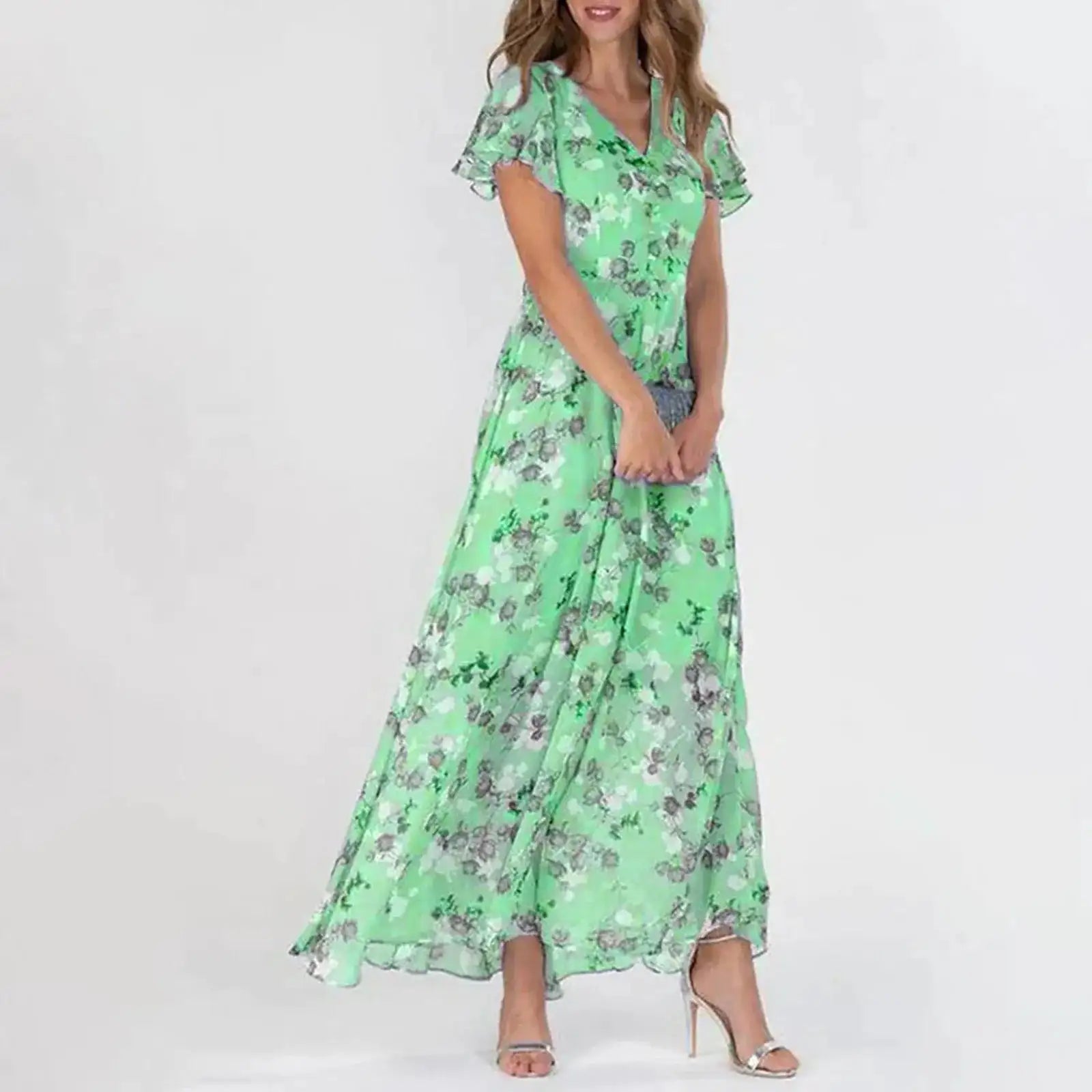 Vestidos Verano Moda 2024 Women's Swing Long Dress Chiffon Floral Short Sleeve Ruffle V Neck Fashion Waist Flowy Dress платье