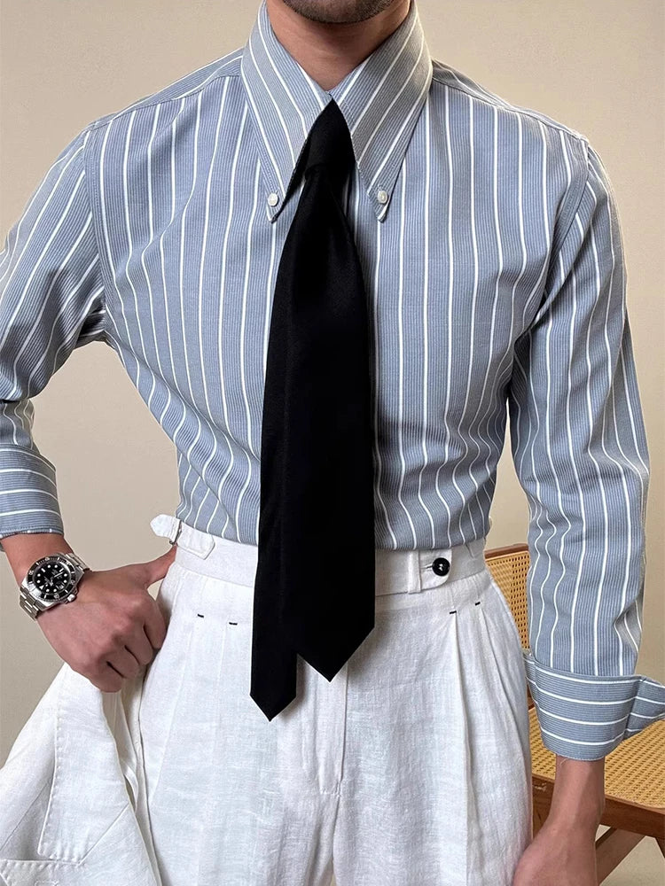 Vintage Striped Printed Slim Shirts Mens Casual Long Sleeve Lapel Buttoned Shirt 2025 Spring Fall Mens Shirt Naple Style Clothes Lootquake LLC