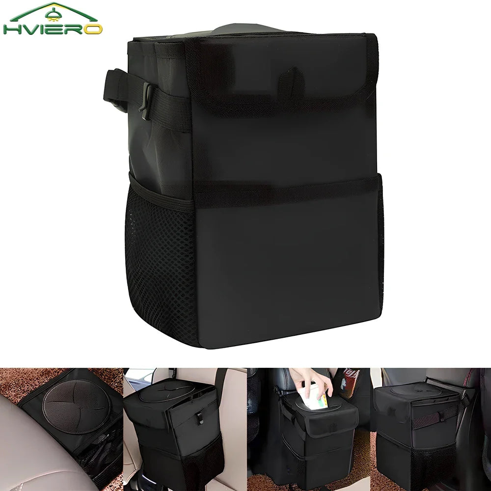 Trash Can with Lid and Storage Pockets 100% Leak Proof Organizer Waterproof Garbage Multipurpose Bin Black Load Dustbin for Car Lootquake LLC