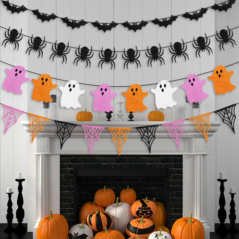 1set Halloween Decoration Banner Bunting Scary Spider Ghost Bat Hanging Garland Pull Flag Pendant For Halloween Party Home Decor Lootquake LLC