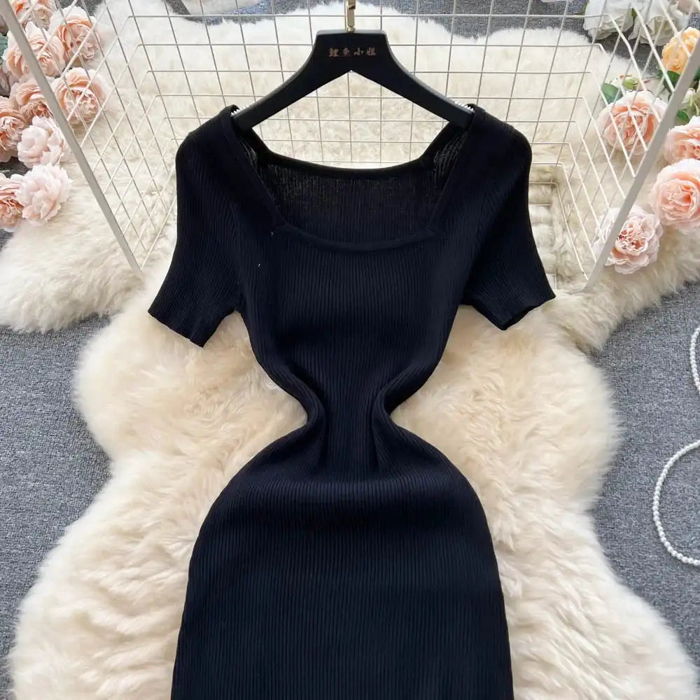 Green 2024 Sexy Summer Knit Short Sleeve Dress Women Squar Collar Waist Bodycon Sundress Female Beach  Backless Long Dress