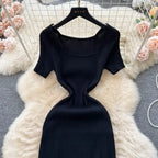 Green 2024 Sexy Summer Knit Short Sleeve Dress Women Squar Collar Waist Bodycon Sundress Female Beach  Backless Long Dress
