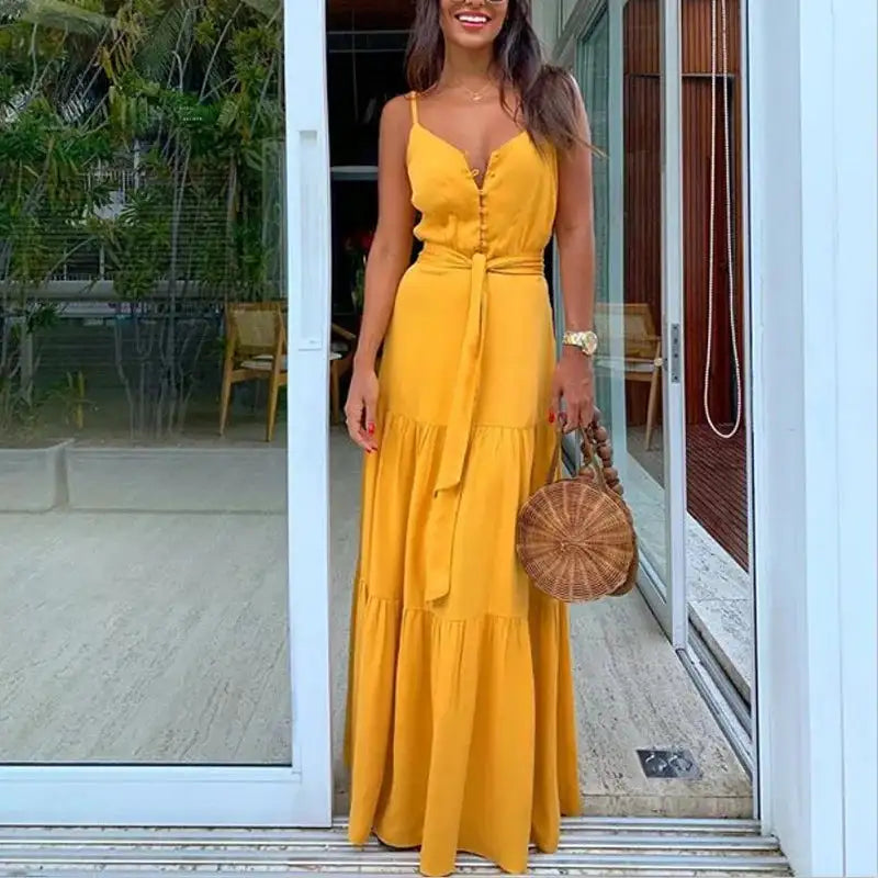 Elegant and Sexy Summer Women's V-neck Beach Dress with High Waist Waist Waist Waist Belt and Sling Long Dress for Party