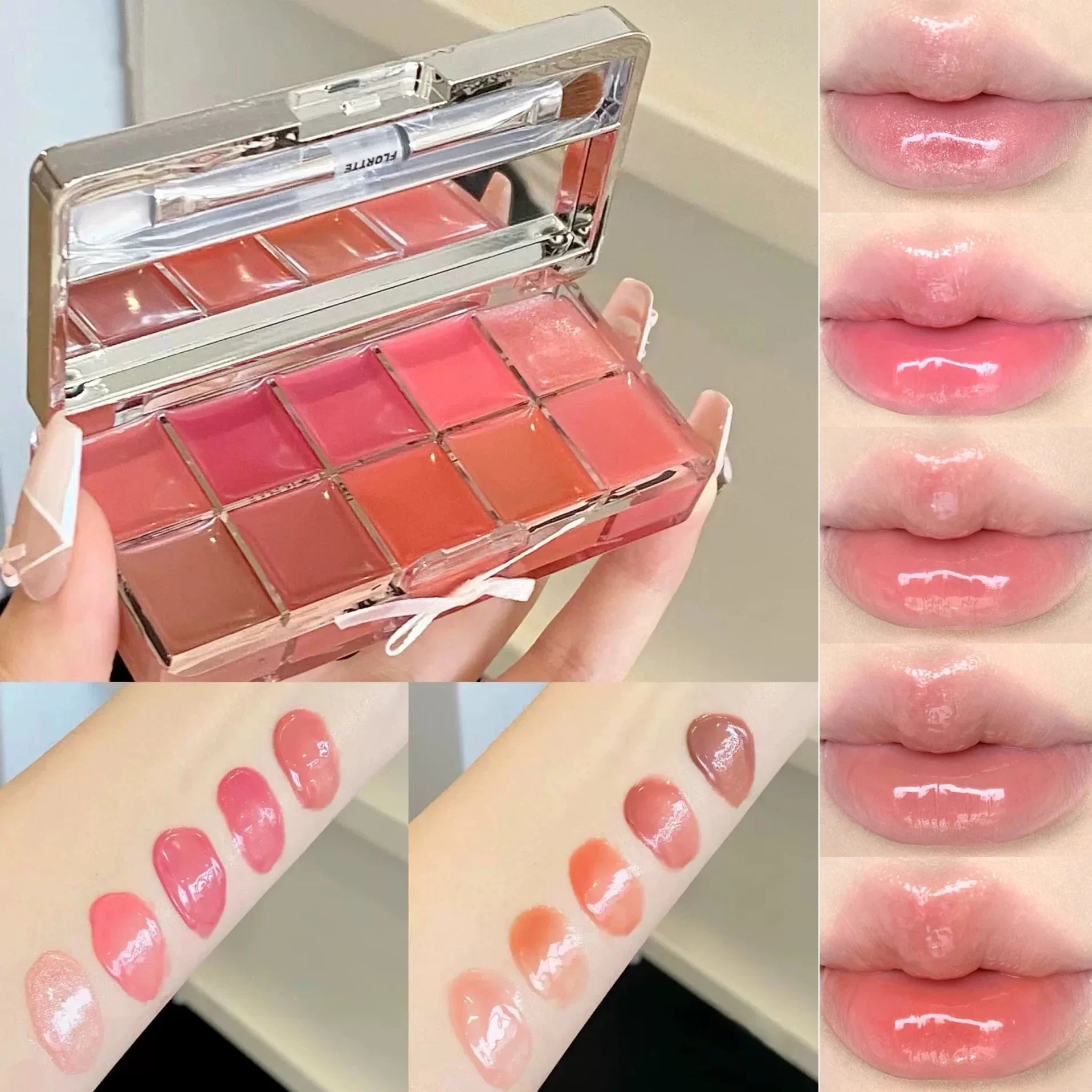 FLORTTE 10-Color Lip Palette Lip Gloss and Lipstick Glossy Moisturizing Pigmented Multifunctional Easy to Apply Lootquake LLC