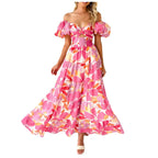 Summer V Neck Cutout Floral Print Dresses Elegant Women Puff Short Sleeve Casual Dress Pleated Waisted Swing Beach Long Dress