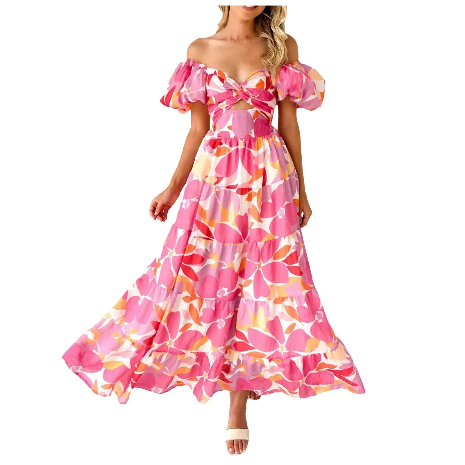 Summer V Neck Cutout Floral Print Dresses Elegant Women Puff Short Sleeve Casual Dress Pleated Waisted Swing Beach Long Dress