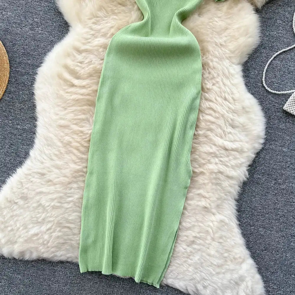 Green 2024 Sexy Summer Knit Short Sleeve Dress Women Squar Collar Waist Bodycon Sundress Female Beach  Backless Long Dress