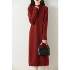 Autumn Winter Women's Wool Long Dress Cashmere Mock Neck Pullover Sweater 100% Merino Wool Soft Knitwear OL Simple Basic Dress Lootquake LLC