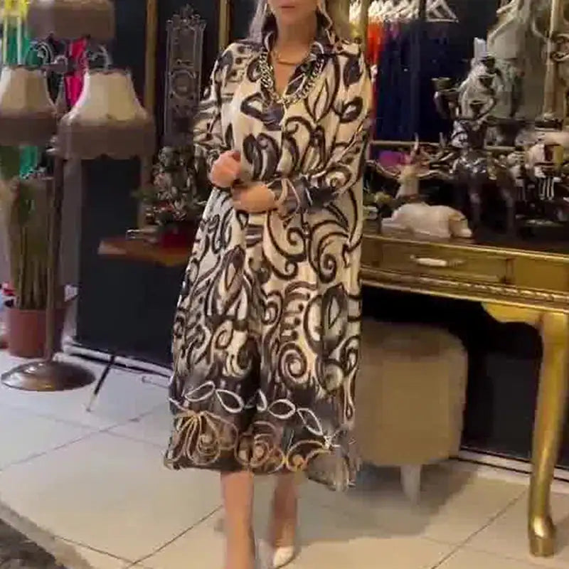 Vintage Fashion Printed V-neck Long Dress Women Spring Long-sleeved Loose Bohemian Dress Autumn Casual A-Line Maxi Dress Vestido