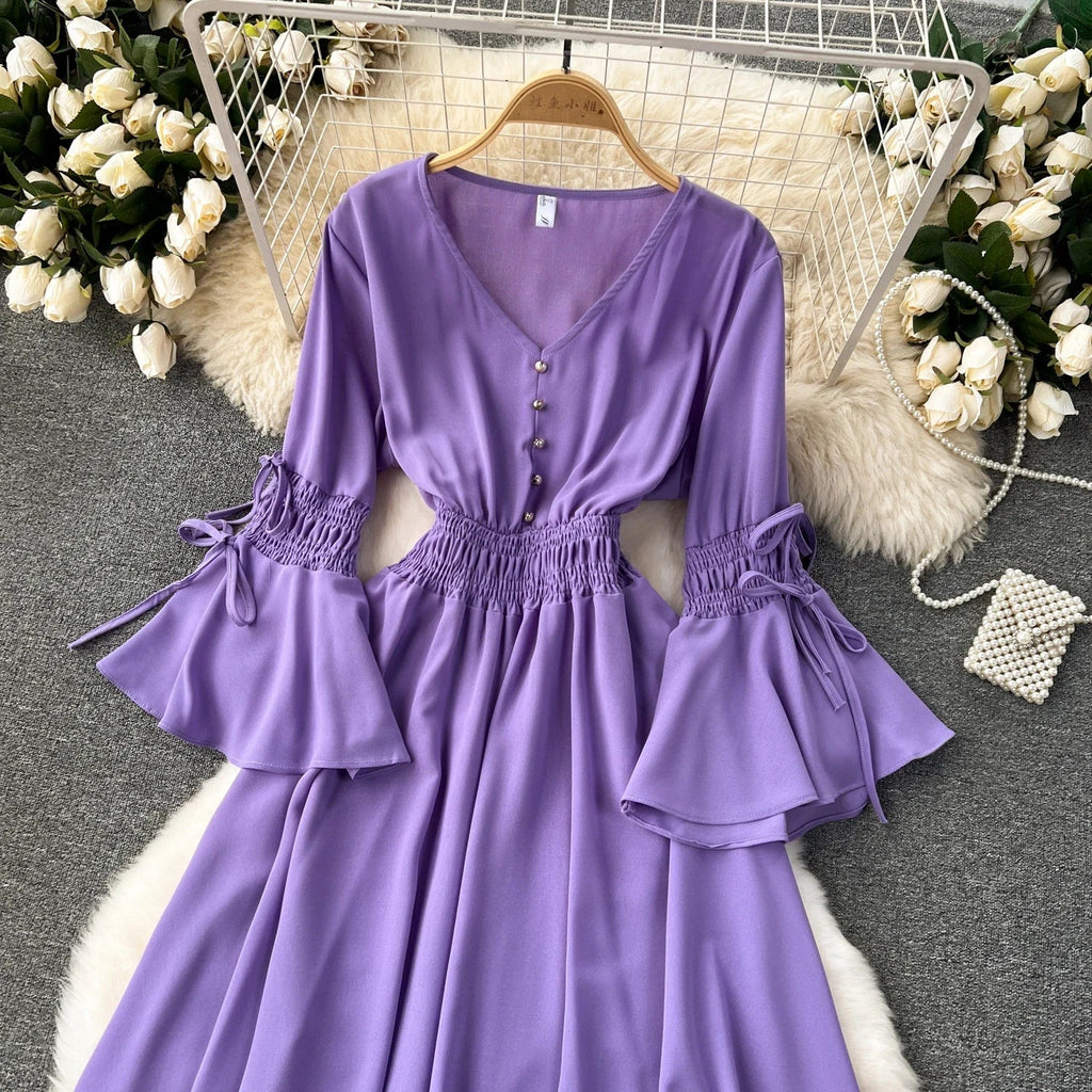 Purple/Green/Red Pleated Maxi Long Dress Women Vintage V-Neck Flare Sleeve Draped Ruffle Vestido Female Maxi Robe Summer Lootquake LLC