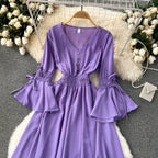 Purple/Green/Red Pleated Maxi Long Dress Women Vintage V-Neck Flare Sleeve Draped Ruffle Vestido Female Maxi Robe Summer Lootquake LLC