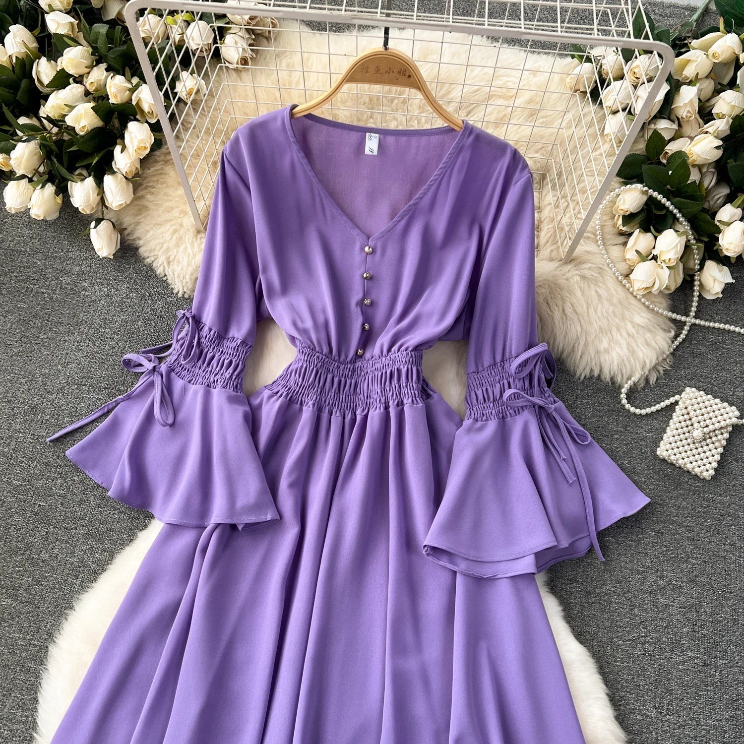 Purple/Green/Red Pleated Maxi Long Dress Women Vintage V-Neck Flare Sleeve Draped Ruffle Vestido Female Maxi Robe Summer Lootquake LLC