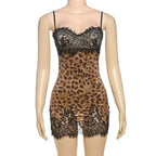 JULISSA MO Patchwork Printed Leopard Lace Women Mini Dress Spaghetti Strap High Waist Dress Summer Slim Elegant Party Club Dress