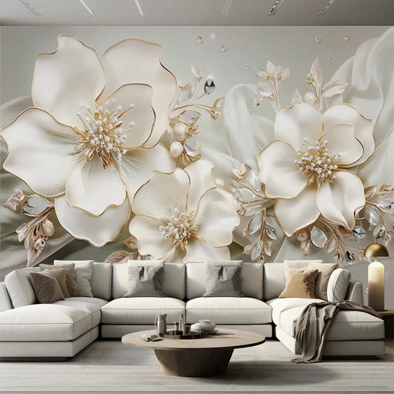 Custom Large Size Modern Wallpaper 3D Embossed Flowers Jewelry Mural Paper TV Background Wall Living Room Decor Home Improvement Lootquake LLC