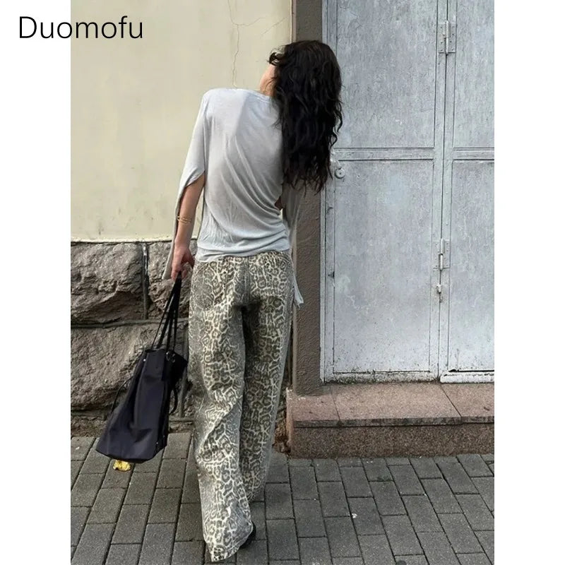 American Washed Leopard Print Wide Leg Jeans for Women Retro Street Distressed New Harajuku Style Hottie Baggy Y2K Casual Pants Lootquake LLC