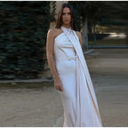 Elegant Satin Halter Slim Long Dress With Scarf Women New Sexy Backless Sleeveless Maxi Dresses Summer Lady Party Chic Vestidos
