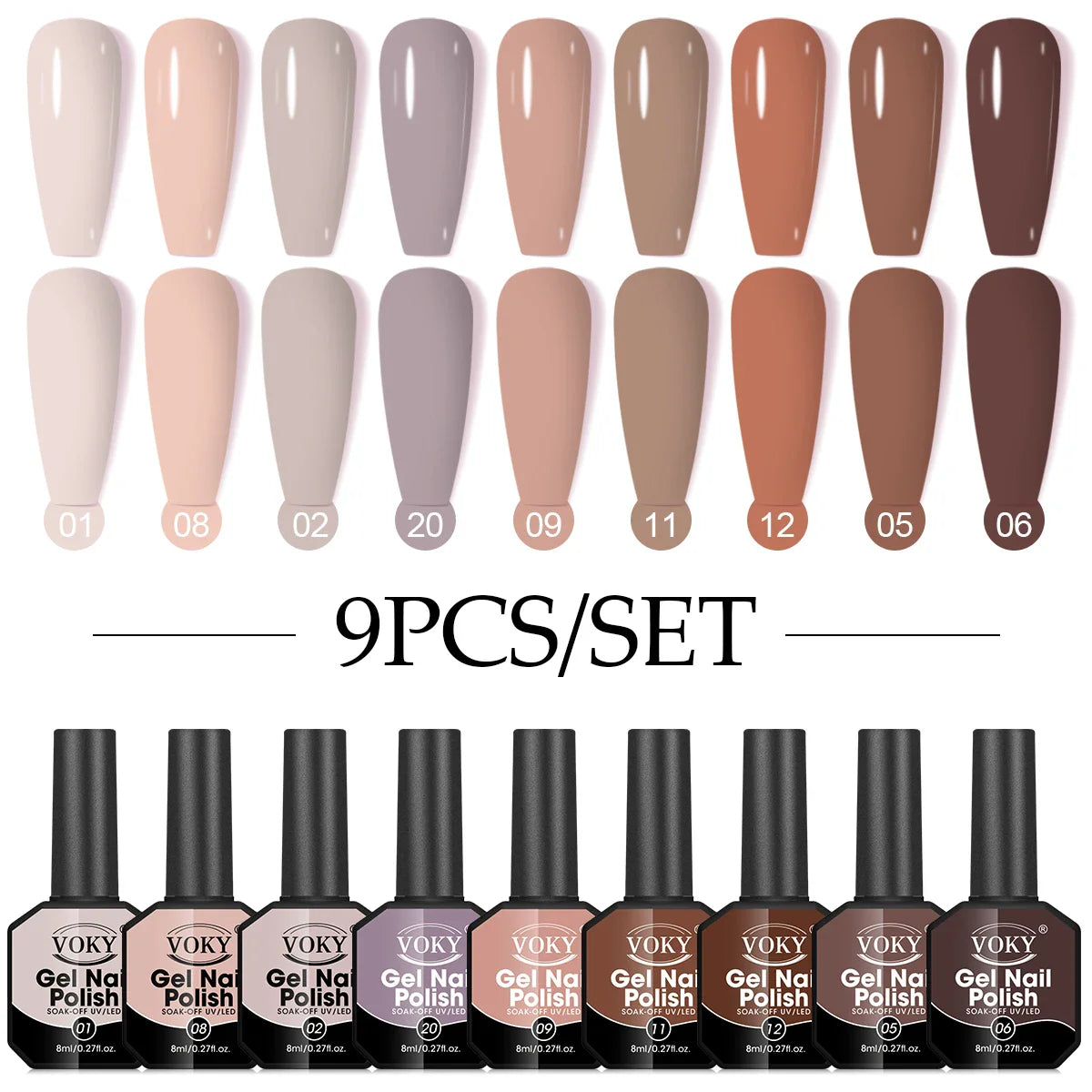 Gel Nail Polish Set, 9-piece, hypoallergenic, fragration-free, washable, advanced gel formulation for home nail and salon use