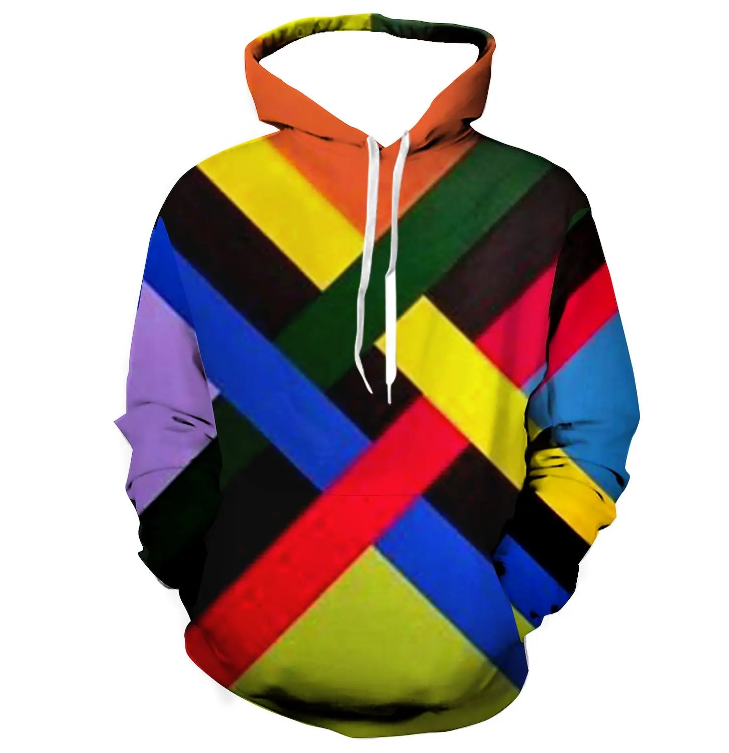 Men's Color Block Stitching Hooded Sweatshirt Geometric Print Spring And Autumn Loose Casual Polyester Fabric Top Pi-Mart
