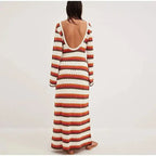 Striped Knitted Long Dress Women O-neck Backless Hollowed Out Long Sleeves Lady Bodycon Dress 2024 Spring Summer Vacation Robe