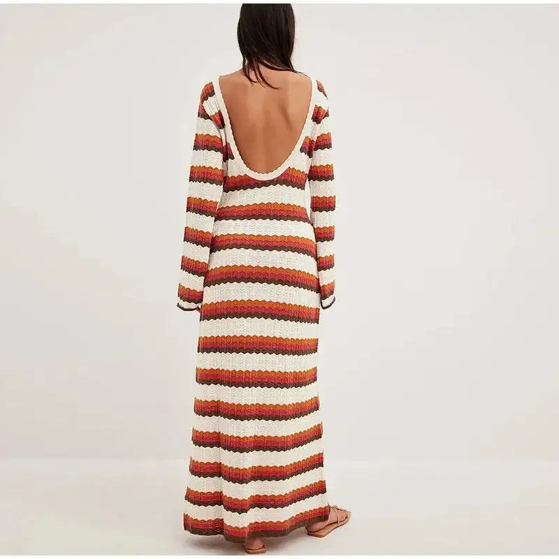 Striped Knitted Long Dress Women O-neck Backless Hollowed Out Long Sleeves Lady Bodycon Dress 2024 Spring Summer Vacation Robe