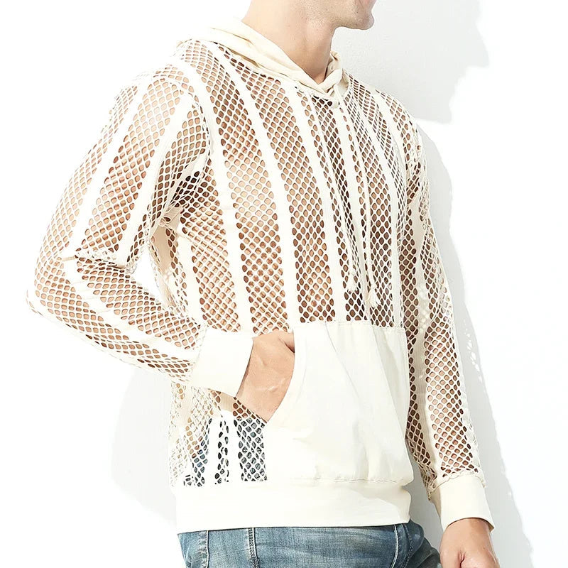 Men Mesh Shirt Transparent Long Sleeve Men Clothing Sexy Solid Party Nightclub Hooded Tops Lootquake LLC