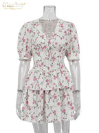 Clacive Summer Slim Print Women's Dress 2024 Sexy V-Neck Short Sleeve Mini Dresses Elegant High Waist Pleated Female Dress