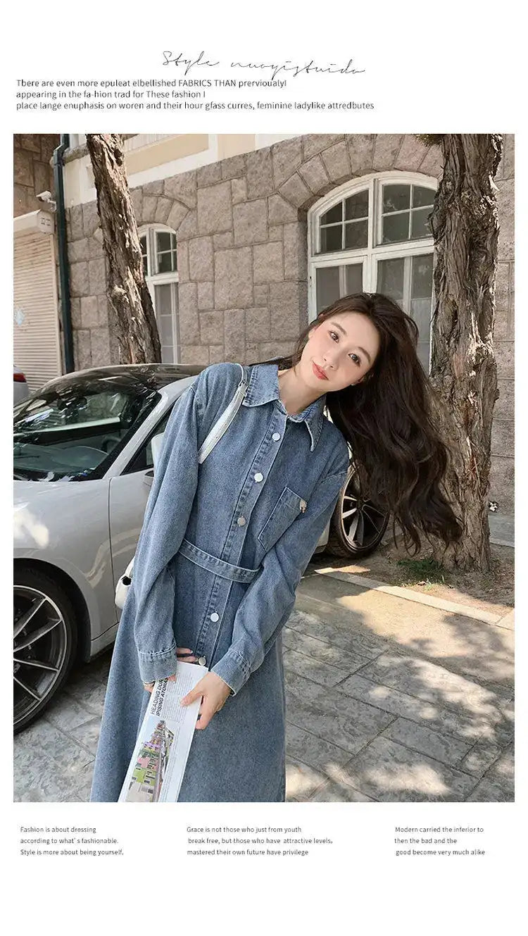 Denim Long Dress 2024 New Fashion Spring Autumn Korean Sweet Cargo LOOSE FIT Full Sleeve Girls Dress All-match