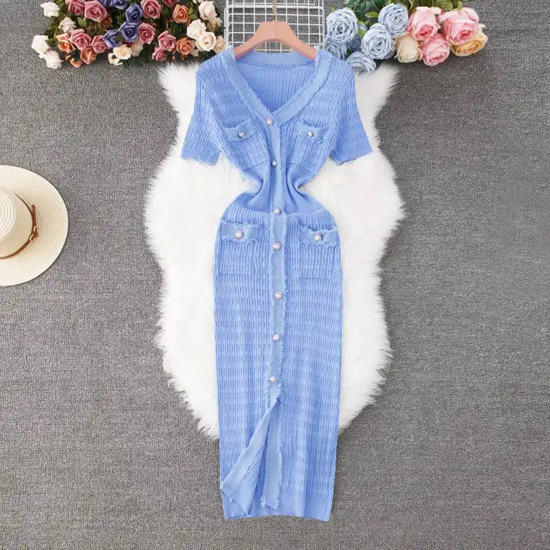 YuooMuoo 2025 New Arrival Women Knitted Long Dress Elegant V-neck Single-breasted Split Sweater Dress Office Lady Vestidos