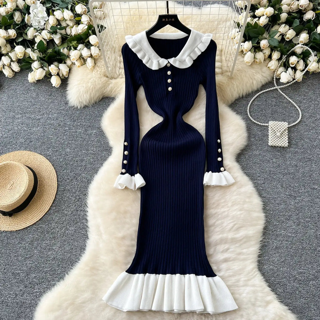 SINGREINY 2024 Hotsweet Slim Autumn Dress Women Peter pan Collar Long Sleeves Patchwork Preppy Style Mermaid Sweater Long Dress