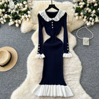 SINGREINY 2024 Hotsweet Slim Autumn Dress Women Peter pan Collar Long Sleeves Patchwork Preppy Style Mermaid Sweater Long Dress