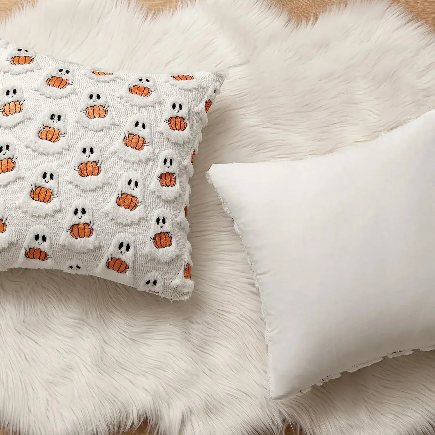 Halloween Decor for Bedroom Bed Living Room Sofa Cushion Cover White45X45CMCute Ghost Pumpkin Plush Faux Fur Pillow Covers Soft Lootquake LLC