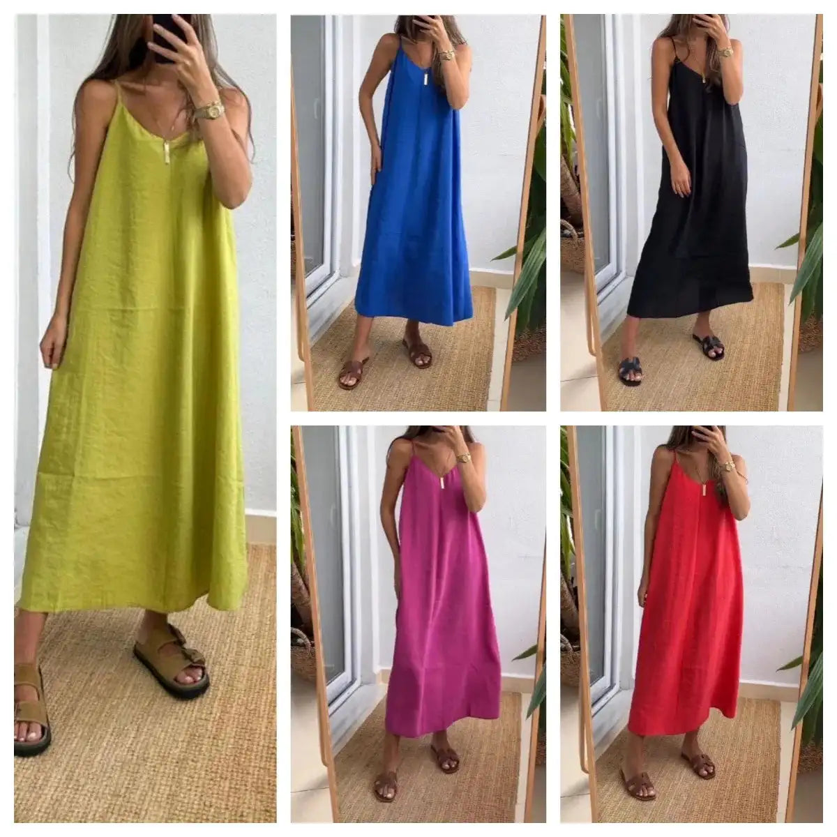 Summer Loose Spaghetti Strap Dresses Women Solid Color V-neck Casual Commuting Sleeveless Long Dress Female Fashion New Vestidos