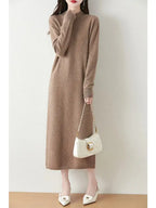 Autumn Winter Women's Wool Long Dress Cashmere Mock Neck Pullover Sweater 100% Merino Wool Soft Knitwear OL Simple Basic Dress Lootquake LLC