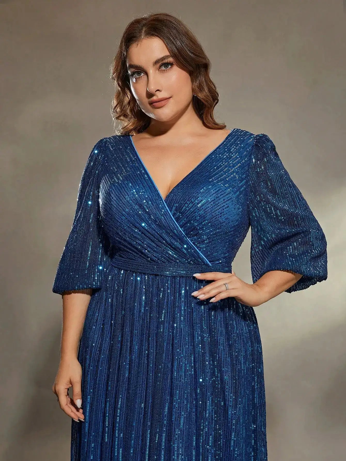 Mgiacy plus size V-neck bust pleated mid-long sleeve A-frame sequin long dress Evening gown PROM dress Party dress