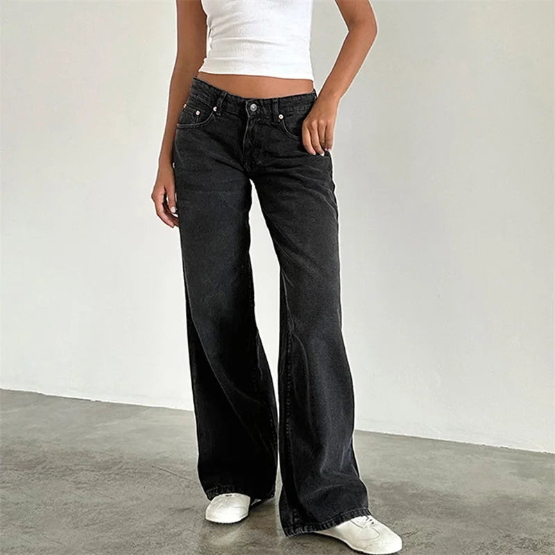 Lamuusaa Jeans y2k Clothes Women Solid Color Low Waist Waist Wide Leg Denim Pants Trousers with Multi Pockets 2000s Streetwear Lootquake LLC