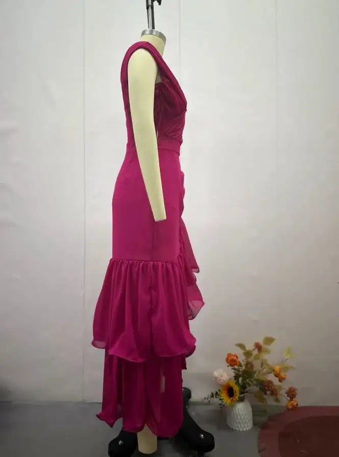 Womens Dresses 2025 Spring New Sweet Style Solid Color High Waist Ruched V-Neck Sleeveless Casual Ruffle Hem Daily Long Dress