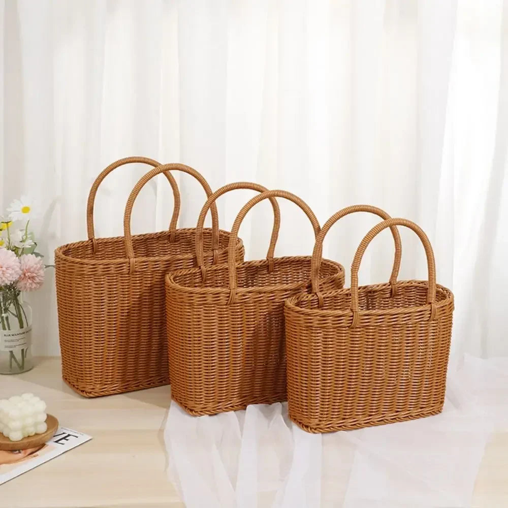 Home Storage Organizer Rattan Woven Basket With Handle Portable Picnic Basket Handwoven Rectangular Flower Basket Fruit Lootquake LLC
