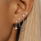 3PCS New Fashion Four Zircon Flower Hoop Earring Set For Women Stainless Steel Double Stud Chain Tassel Huggie Piercing Jewelry Lootquake LLC