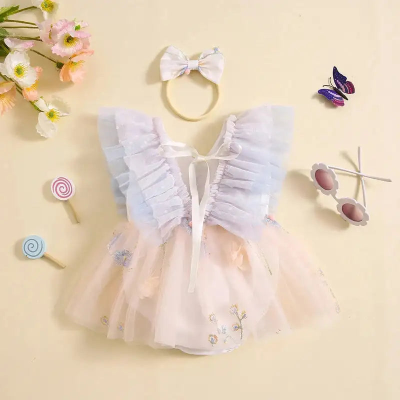 Pudcoco Baby Girl 2Piece Summer Set 3D Butterfly Flower Embroidery Fly Sleeve Mesh Romper Dress 3D Bow Headband Toddler Outfits