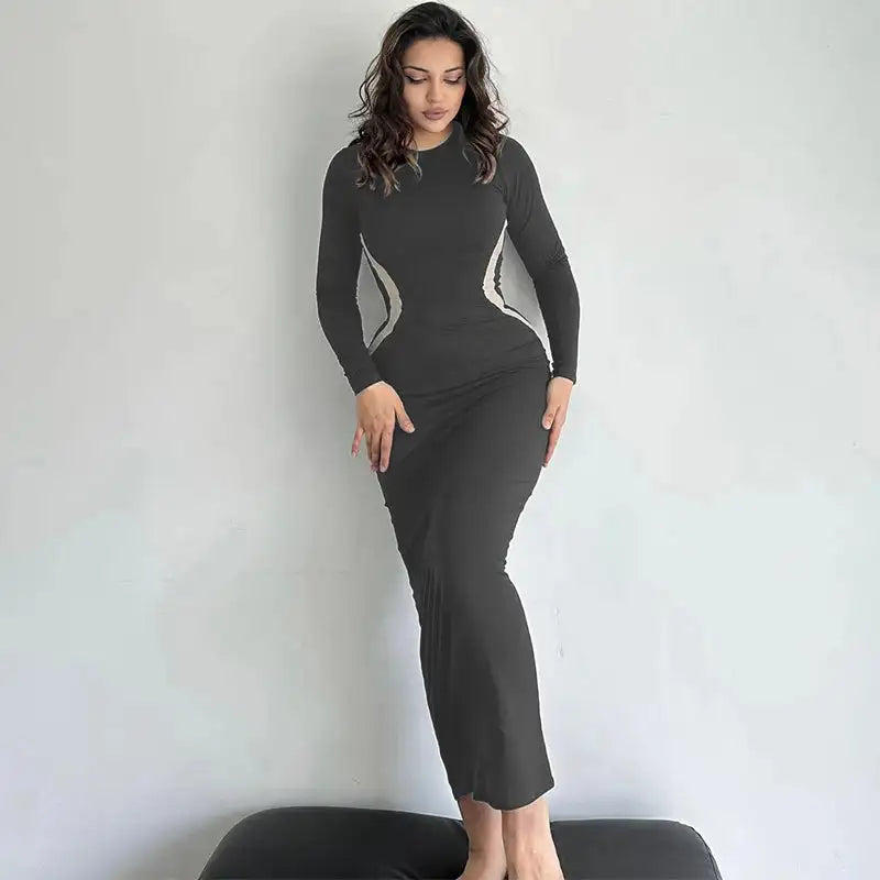 Hawthaw Women 2023 Autumn Winter Long Sleeve Party Club Streetwear Bodycon Black Long Dress Wholesale Items For Business